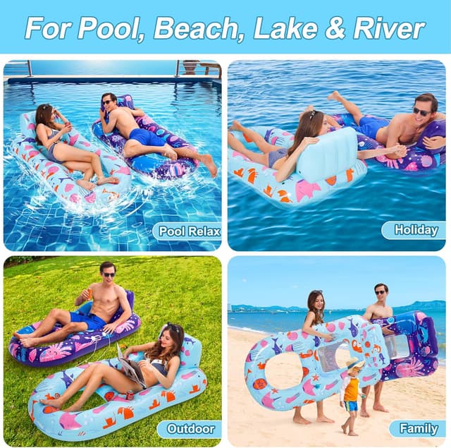 Detalle de PuppyuWill 2 Pack Inflatable Pool Lounger Floats for Adults (Heavy-Duty with Cup Holder, Backrest & Footrest)