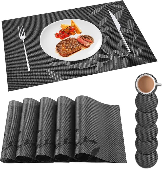 Imagen de Miorkly Placemats and Coasters Sets of 6 Weaving Black Leaf en OfertitasTOP