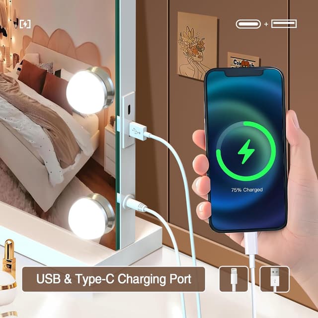 Detalle de halumao Hollywood Vanity Mirror with Lights (58 x 48 cm) with 3 light modes, smart touch control and USB/Type-C outputs