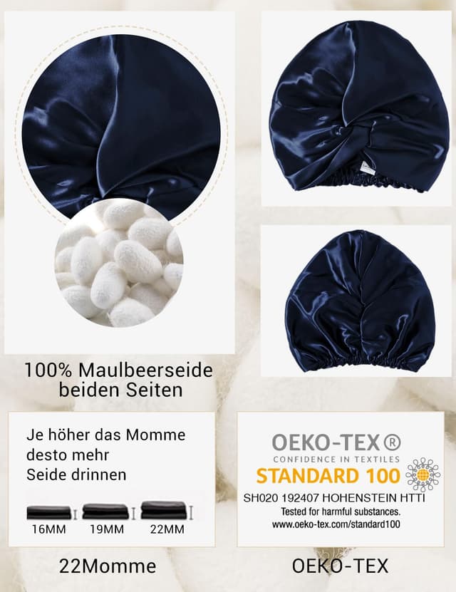 Detalle 2 de LaCourse verstellbare Schlafhaube aus 100% Maulbeerseide (22 Momme, 6A) in Blau – mit rutschfestem Gummiband