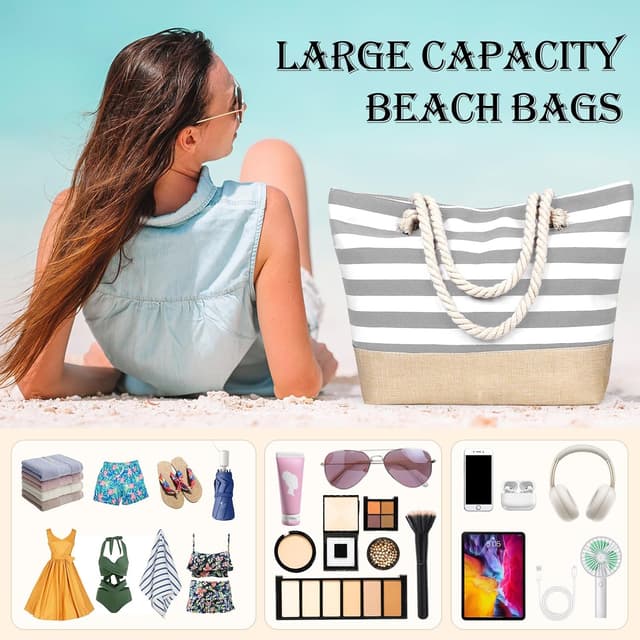 Detalle 2 de sprecenk große Strandtasche für Damen – wasserdichte Canvas-Tote Bag mit Reißverschluss (ca. 50 x 12 x 35 cm, 10 l)
