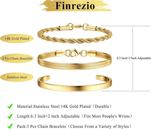 Detalle de Finrezio 3–5er Armband-Set Damen Gold – 14 Karat vergoldet, verstellbar, Figaro & Perlen