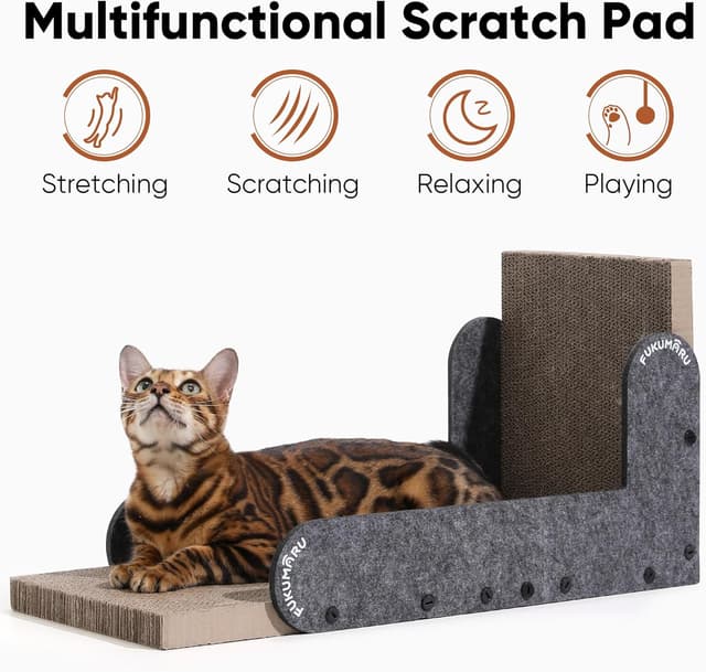 Detalle 2 de FUKUMARU L-Shaped Cat Scratcher (68 cm) Wall Scratch Pad with Felt Edge & Furniture Protection – Grey