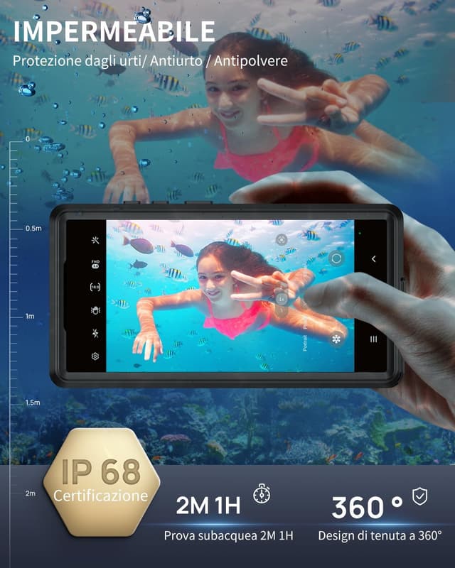 Detalle de Focusor Cover impermeabile IP68 per Samsung Galaxy S26 Ultra, custodia rugged subacquea 360° con protezione schermo, nero