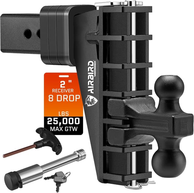 Detalle de Airbird Adjustable Trailer Hitch for 2-Inch Receivers (6-Inch Drop, 25,000 lbs GTW) with 2 and 2-5/16-Inch Balls, Black