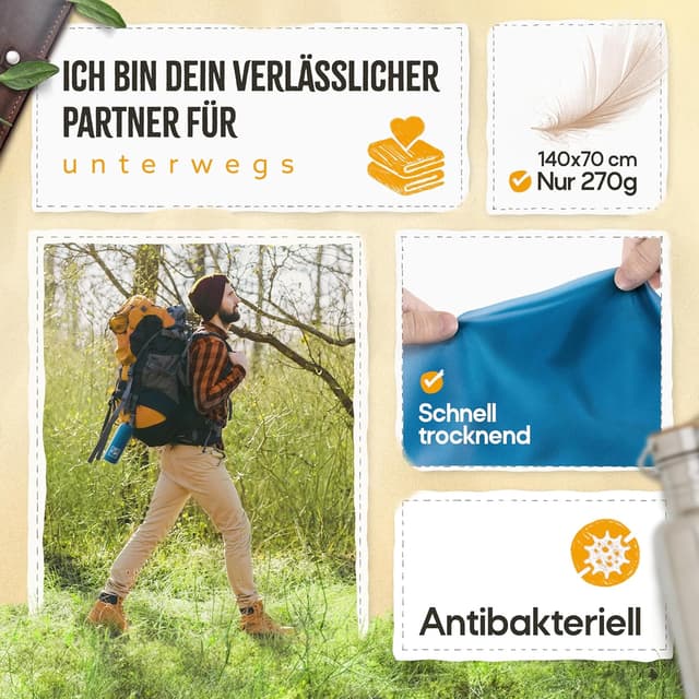 Detalle 2 de Backpacker's Journey Mikrofaser Handtücher Reisehandtuch-Set (S, M, L, XL) – schnelltrocknend, saugfähig & antibakteriell