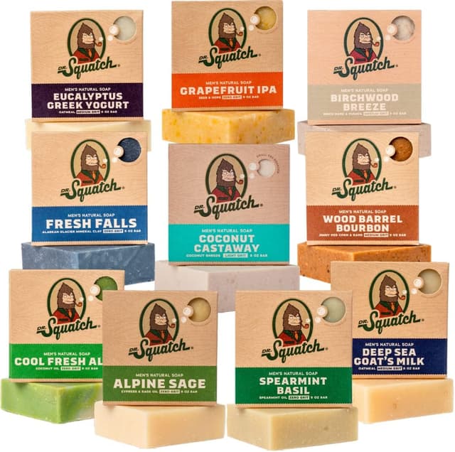Detalle de Dr. Squatch – Lot de 5 savons naturels pour homme (Birchwood Breeze, Cool Fresh Aloe, Fresh Falls, Grapefruit IPA, menthe verte & basilic)