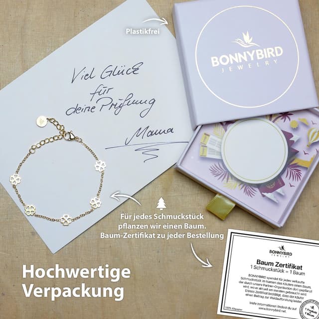 Detalle 2 de BONNYBIRD BonnyBliss Kleeblatt Edelstahl Armband als Glücksbringer zur Prüfung in Silber, Gold & Roségold
