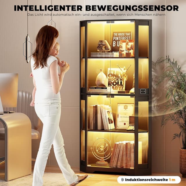 Detalle 2 de BROTTAR Eckvitrine mit Glastüren 165 cm (Eckregal, LED 3 Farben & Sensor) in Schwarz