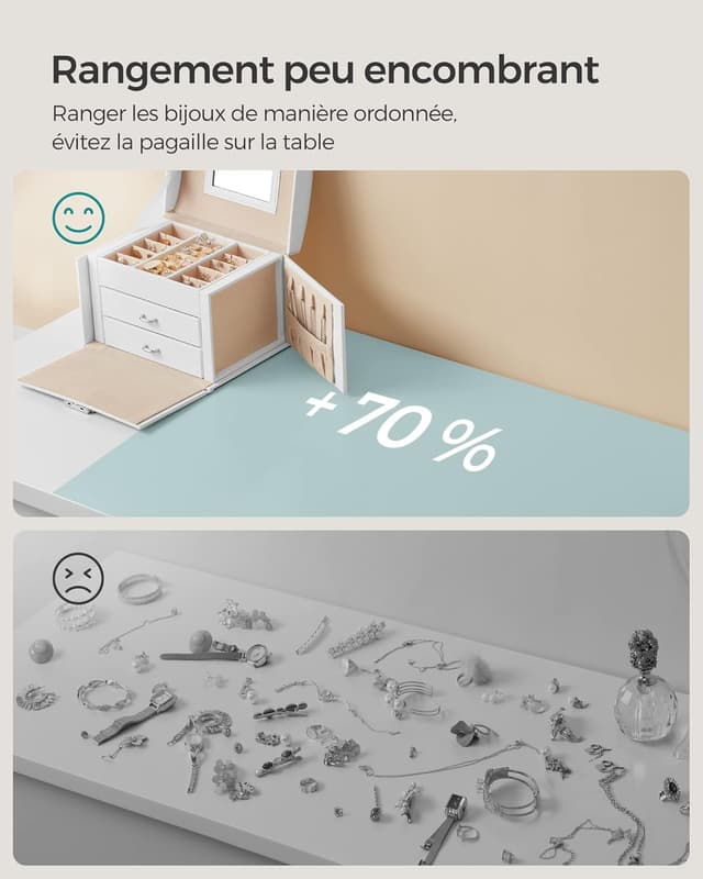 Detalle 2 de Boîte à bijoux SONGMICS à 3 niveaux avec miroir, 2 tiroirs et serrure JBC154W01