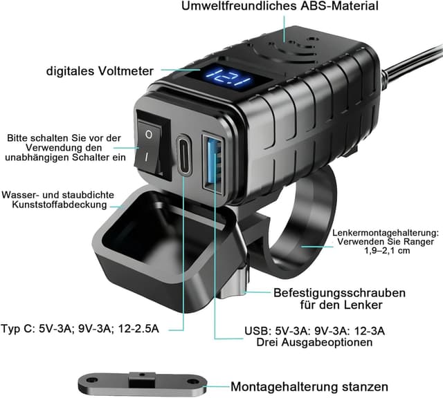 Detalle 2 de Prise USB Moto QC3.0 PD 30W avec voltmètre