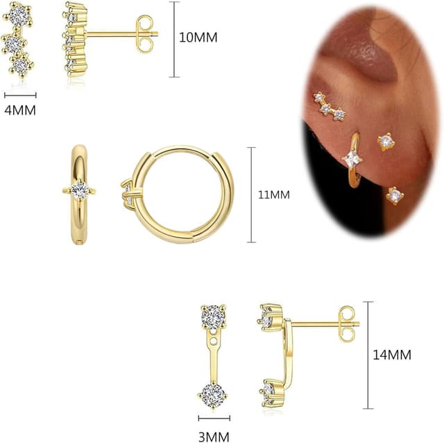 Detalle de BVLAGIDA 3 paires de boucles d’oreilles femme plaquées or 14 carats (créoles et petits clous) hypoallergéniques