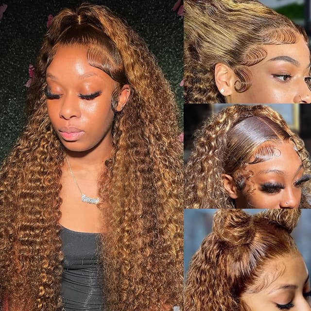 Detalle de FFEGG Hidden Strap 360 Water Wave Human Hair Wig (18 Inch) – 4/27 Ombre Deep Wave Lace Front