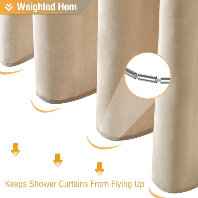 Detalle 1 de BTTN Linen-Texture Fabric Shower Curtain Set (72"x72") with 12 Plastic Hooks, Beige/Cream