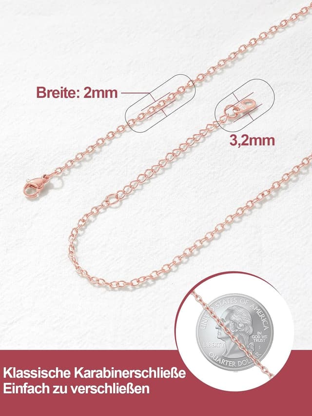 Detalle de FOCALOOK Edelstahl Kette Damen – dünne Rolokette (316L) als Ersatzkette für Anhänger, silber/gold/roségold/schwarz wählbar