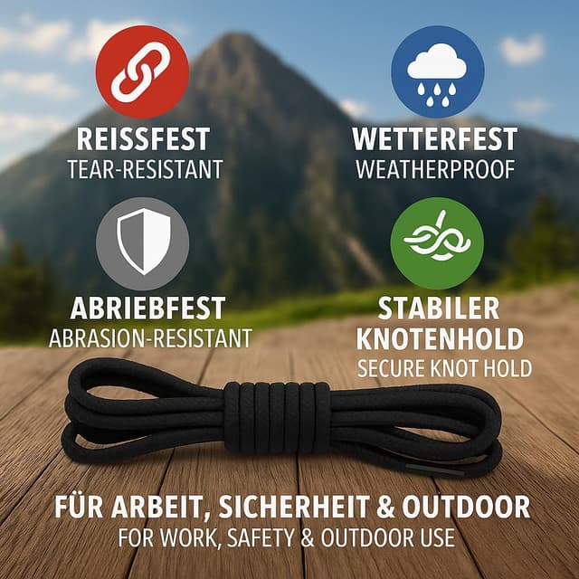 Detalle de Di Ficchiano 1 oder 2 Paar runde Schnürsenkel aus Polyester, Ø 4,5 mm – für Arbeits- und Trekkingschuhe, Längen von 70 bis 220 cm
