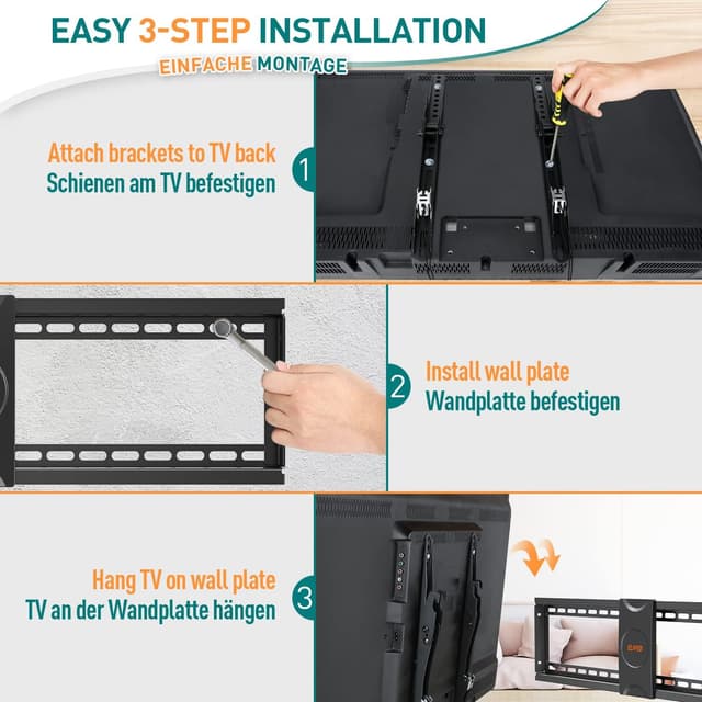 Thumbnail 6 de ELIVED EV008 Support TV mural inclinable pour écrans plats et incurvés VESA jusqu’à 600x400 mm