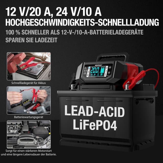 Detalle de NEXPEAK 1-20A Autobatterie-Ladegerät (Erhaltungslader) für 12/24V LiFePO4 & Blei-Säure