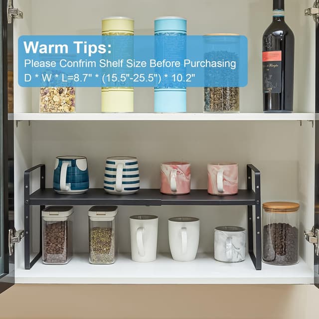 Detalle de 15.5–25.5 Inch Adjustable Kitchen Cabinet Shelf Organizers (Set of 3) — Expandable, Stackable Countertop Storage Shelves, 30LBS Heavy Duty
