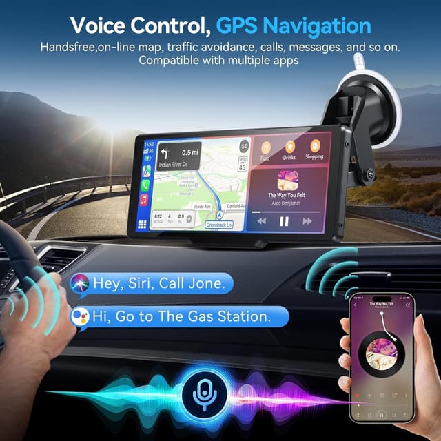 Detalle de Portable Wireless CarPlay Screen (10.26") with Android Auto, GPS Navigation, and 1080P Backup Camera