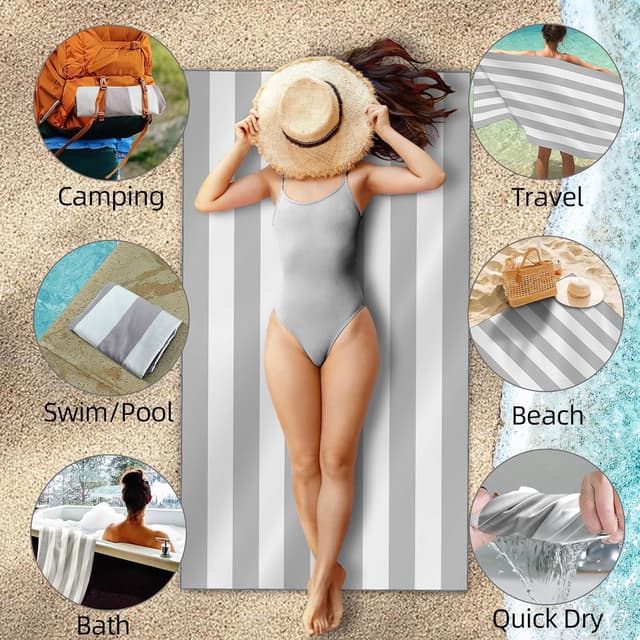 Detalle de CNMTCCO Large Beach Towel for Adults (160x90cm) in Light Grey – quick-dry microfibre with sand-free design and bag