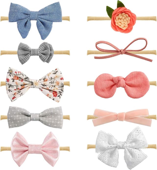 Detalle de DRESHOW Baby Girl Headbands and Hair Bows – 10-pack nylon headbands with assorted bows