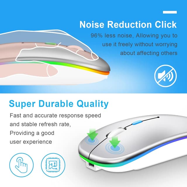 Detalle de Kabellose Bluetooth-Maus für Laptop mit 2.4GHz Dual-Empfänger, wiederaufladbar (Bluetooth 5.2 + USB A + USB C) – 1600 DPI, silber