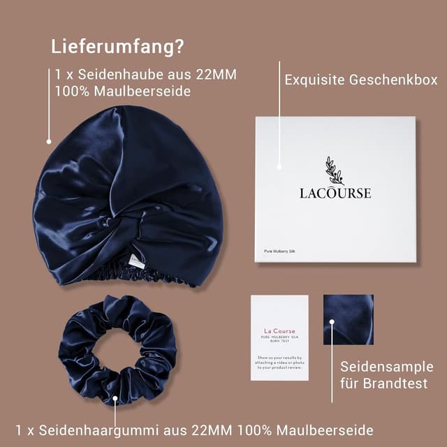 Detalle de LaCourse verstellbare Schlafhaube aus 100% Maulbeerseide (22 Momme, 6A) in Blau – mit rutschfestem Gummiband