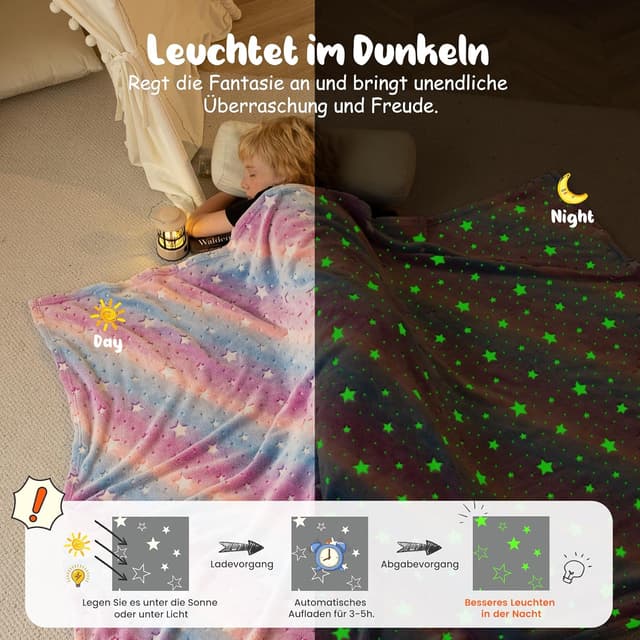 Detalle de Winthome Kuscheldecke für Mädchen – Glow-in-the-Dark Kinderdecke (Stern, 130×170 cm)