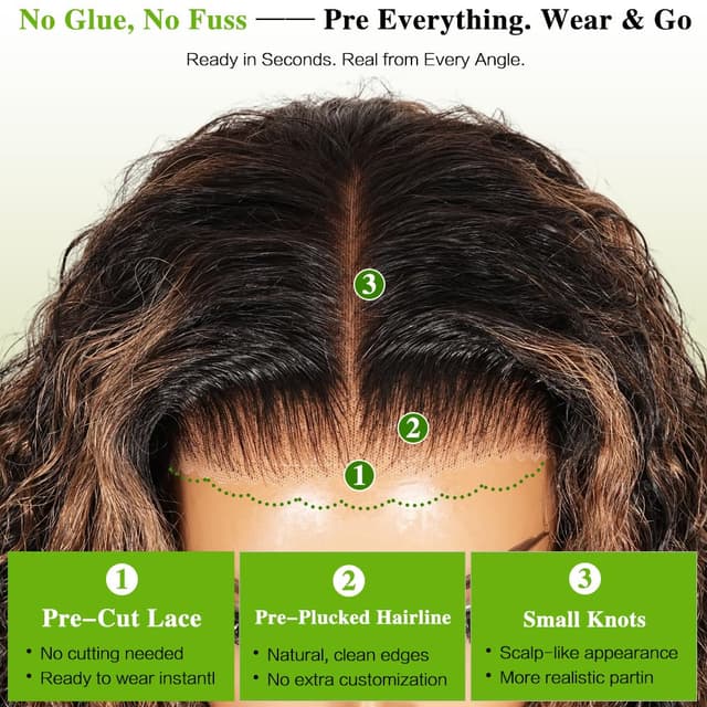 Detalle 2 de QUANDIAN 7x5 Glueless HD Lace Deep Wave Wig (26 Inch) with Drawstring, Pre-Plucked & Pre-Cut 210% Density