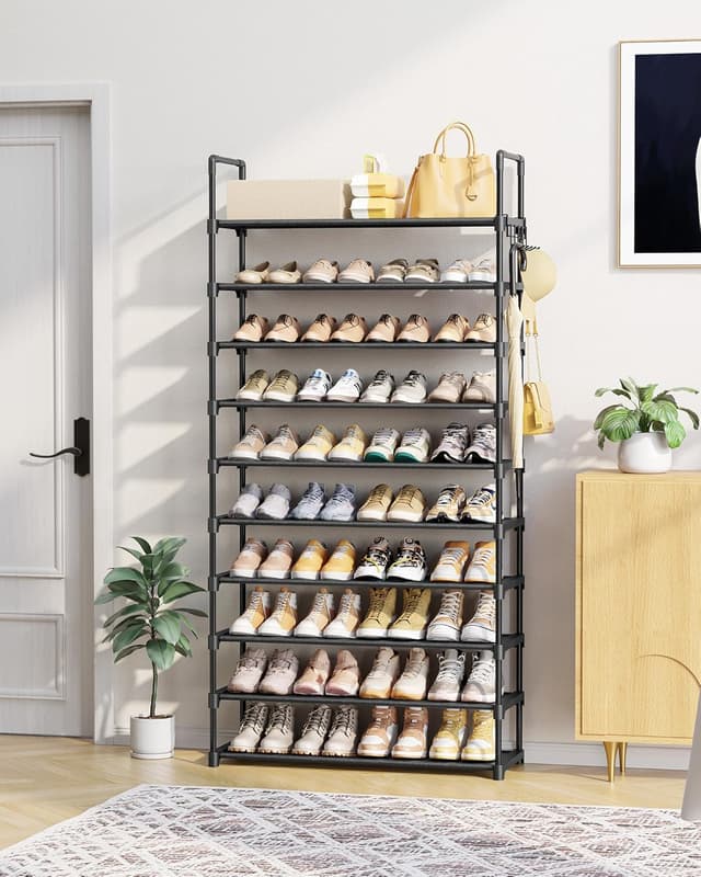 Detalle de Kitsure 10-Tier Shoe Rack for Closet with Hook Rack (Black) — Space-Saving Shoe Organizer