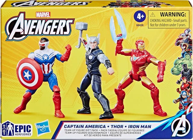 Detalle de Hasbro Marvel Avengers Epic Hero Series Team-Up Gift Pack: action figure da 10 cm di Captain America, Thor e Iron Man