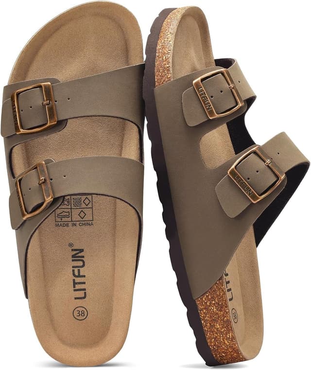 Detalle de Litfun Women’s Cork Footbed Sandal with Adjustable Buckle Slip-On Straps