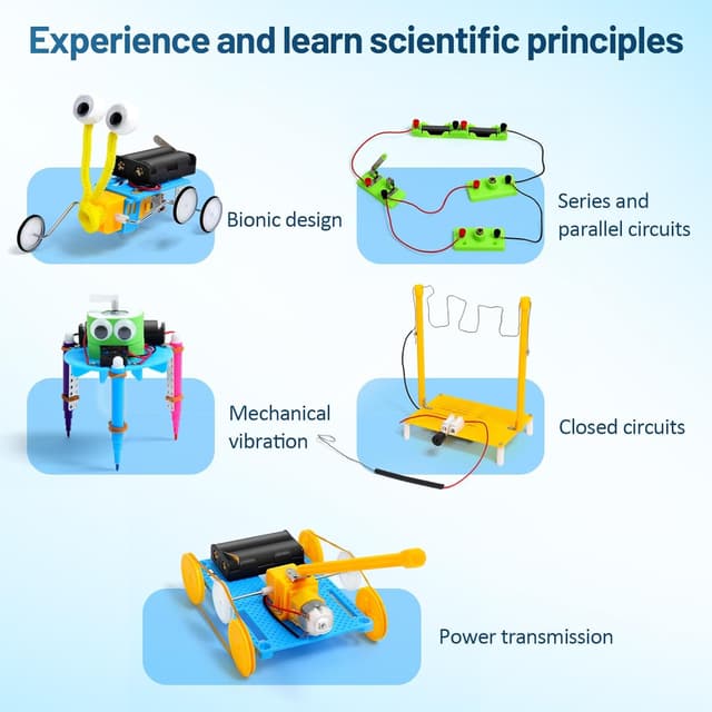 Detalle 2 de STEM Toys 5-in-1 Science Experiments Kit for ages 8–14: tracked tank, crawler & doodle robots
