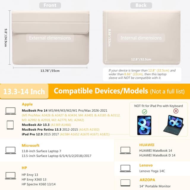 Detalle de HYZUO 13.3–14 inch laptop sleeve case with stand feature (beige) for MacBook Pro/Air and select Surface/HP models