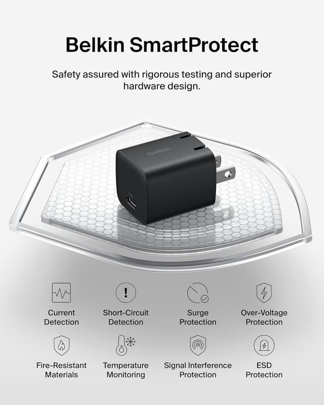 Detalle de Belkin USB-C Charger Block 25W with USB-C Cable Included (USB Power Delivery 3.0, PD PPS) – Black