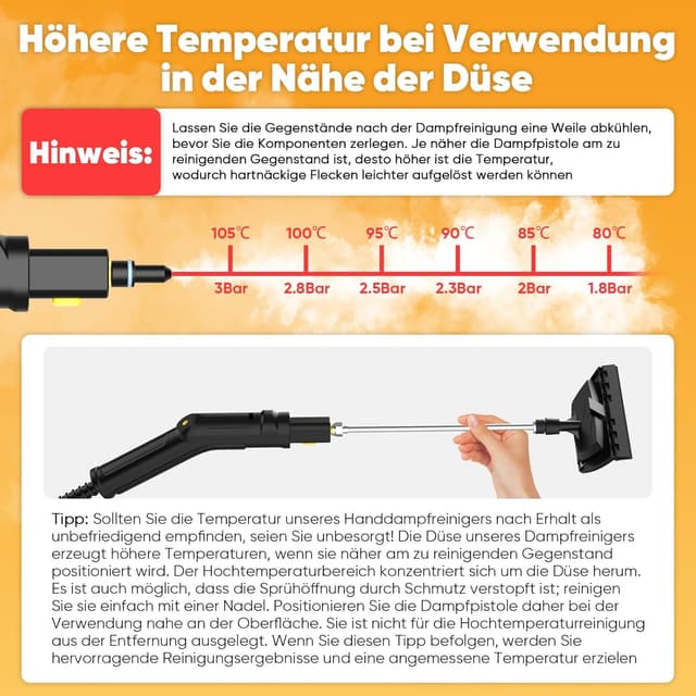 Detalle de Dampfreiniger mit 3-stufig einstellbarem Griff, 1,6-L-Wassertank und 17 Zubehörteilen