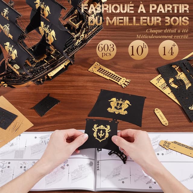 Detalle 2 de ROKR Puzzle 3D en bois MCB02 Barque Hippocampe (603 pièces) – maquette de bateau à construire