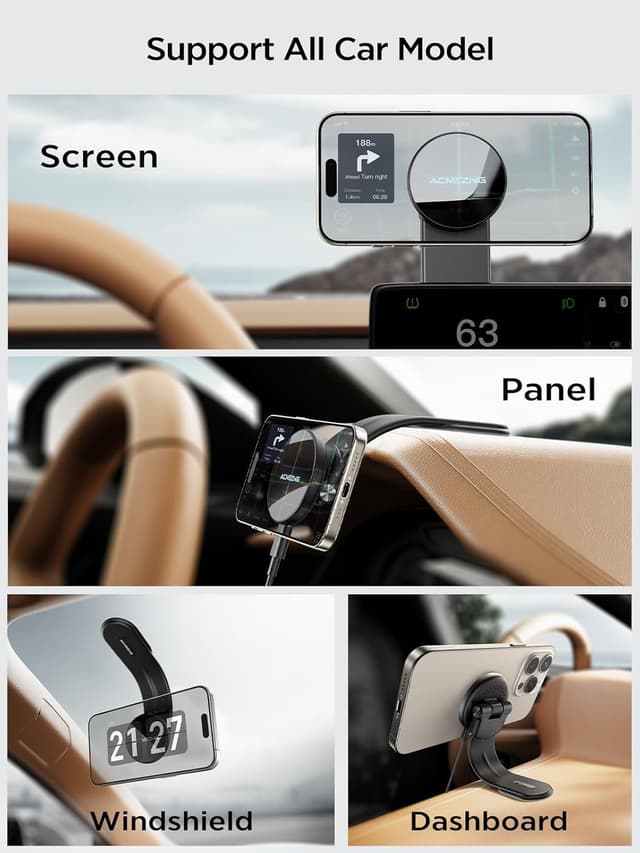 Detalle 2 de ACMEZING 15W MagSafe Car Mount Charger (Magnetic Wireless Fast Charging) — 360° Adjustable Aluminum Arm, Black