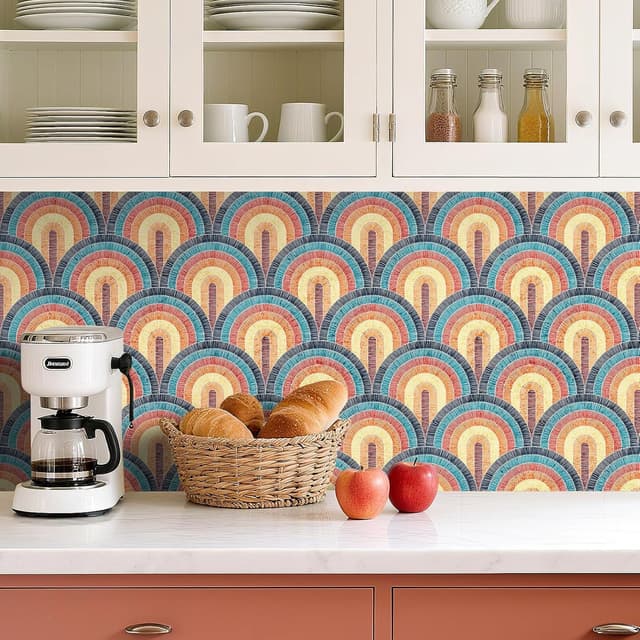 Detalle 2 de Livelynine selbstklebende Tapete Boho mit geometrischem Muster – Rot, Petrol & Gelb (44,5 cm x 7 m)