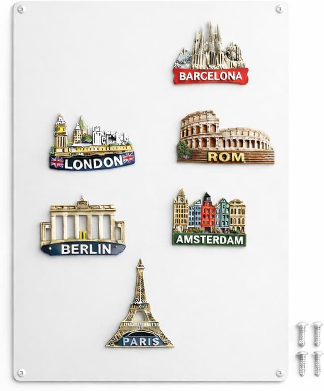 Detalle de Qiytecno Magnettafel für Reisemagnete 30x50 cm (weiß matt) – Starter-Tafel für Souvenir-Magnete, Fotos und Notizen