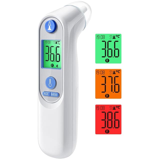 Detalle de Digitales Infrarot-Ohrthermometer für Babys, Erwachsene & Senioren – mit farbcodiertem Display, 21 Hygienekappen & 1‑Sekunden-Messung (Weiß)
