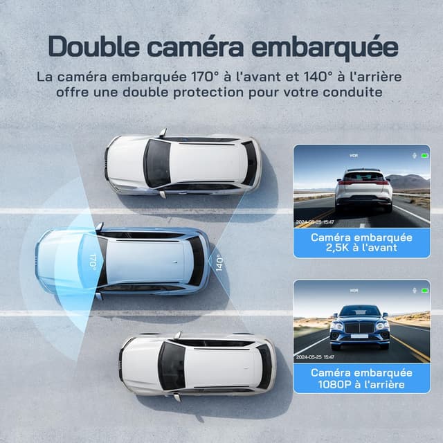 Detalle de WOLFANG Dashcam double avant/arrière 2,5K + 1080P avec mode parking 24 h
