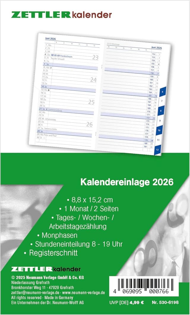 Detalle de Zettler Kalenderersatzeinlage TP 1M/2S 2026 16 Blatt
