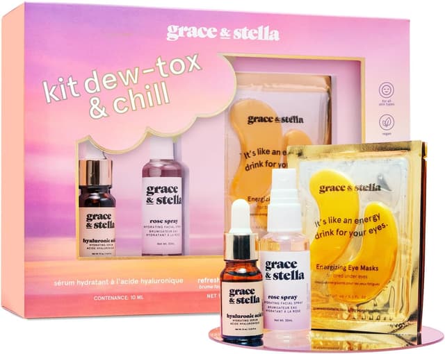 Detalle de grace & stella Kit Dew-Tox & Chill Coffret Beauté Femme : patchs pour les yeux + sérum à l’acide hyaluronique + spray à l’eau de rose