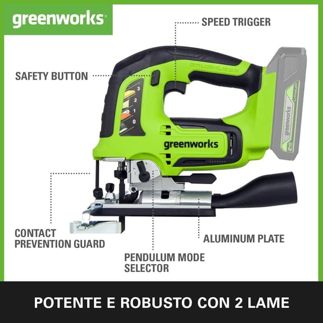 Detalle de Greenworks GD24JSK2 Seghetto alternativo a batteria 24V con 2 lame, base regolabile fino a 45°