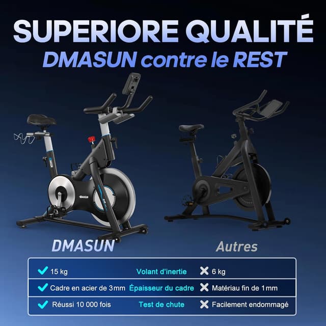 Thumbnail 6 de DMASUN Vélo d’appartement avec résistance magnétique et volant d’inertie lourd (jusqu’à 180 kg) + support d’haltères