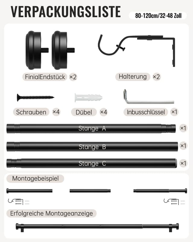 Detalle de Tringle à rideaux DEFYNEE extensible noire 80-120 cm (diamètre 25 mm) avec supports