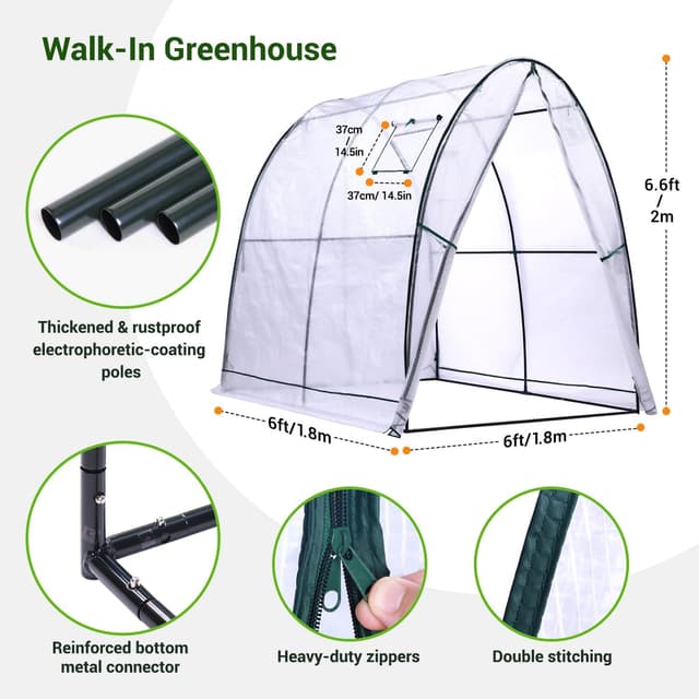 Detalle de Ohuhu outdoor polytunnel greenhouse tent, 180x180x200 cm walk-in poly tunnel with roll-up mesh windows