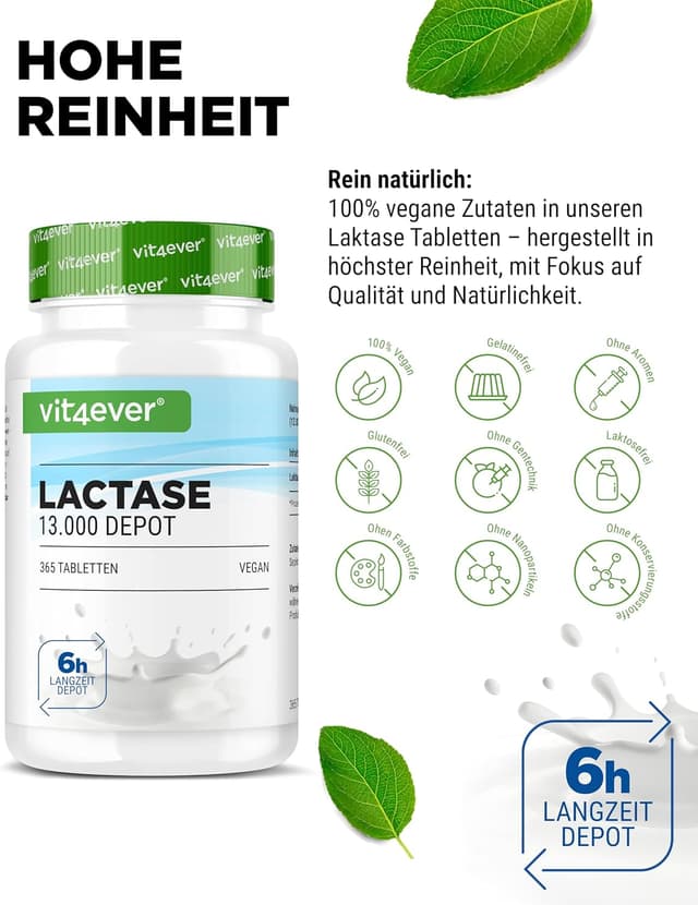 Detalle de vit4ever Laktase 13.000 Depot – 365 Tabletten mit Sepismart® Slow Release (vegan)
